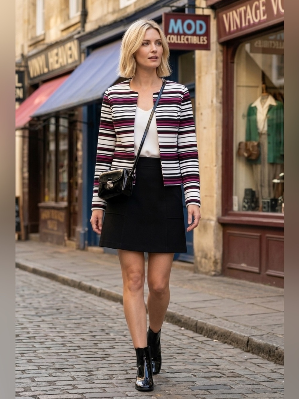 Laura 60s Mod Retro Textured Vinyl Groove Crop Blazer 4 Collarless Multi Colour